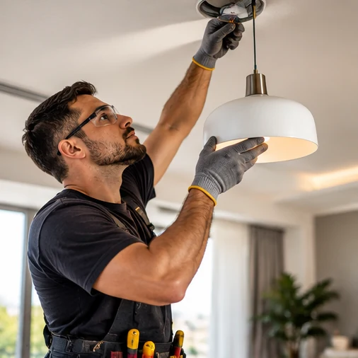 Profissional realizando instalação de luminária em residência — imagem ilustrativa